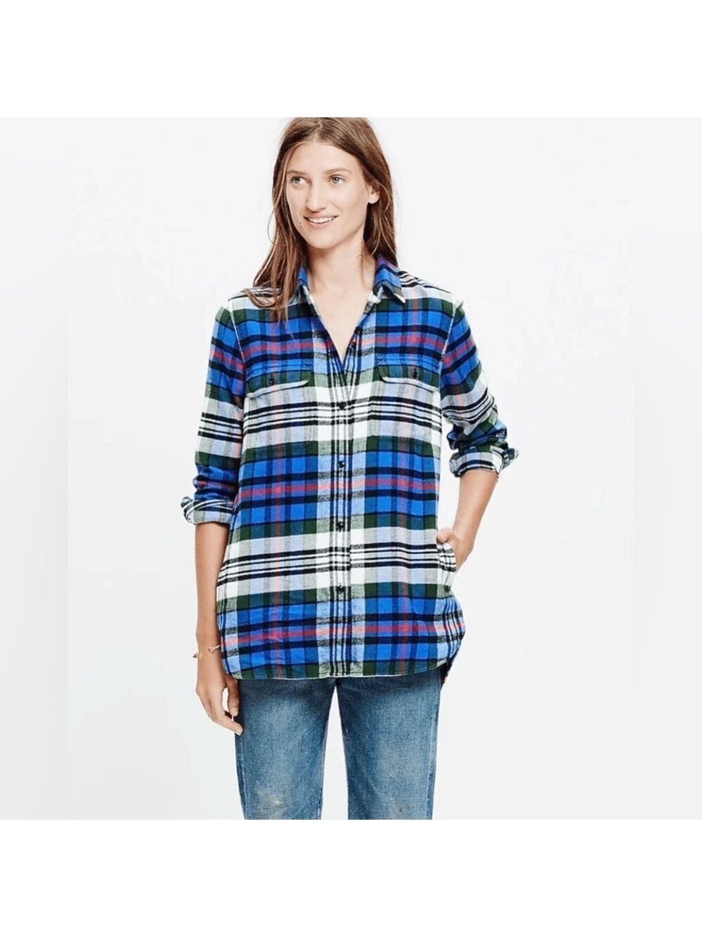 Madewell Ex Boyfriend Plaid Flannel Button Up Shirt SZ M Larchmont Blue Green